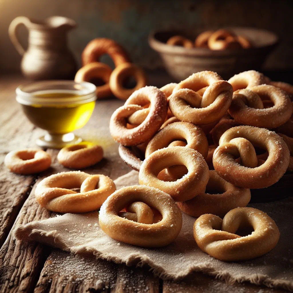 Golden baked taralli pugliesi rings with fennel seeds in a rustic basket