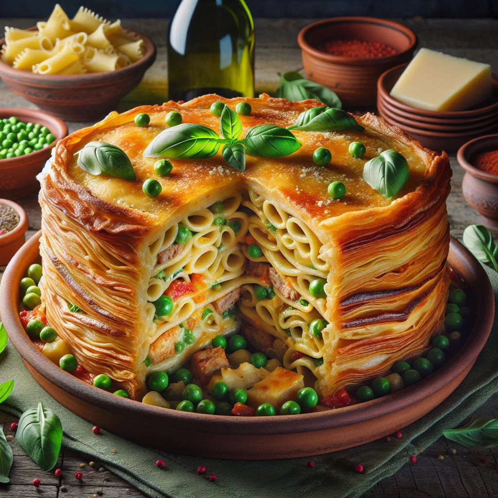 Golden baked Timballo Abruzzese cut open to show its meat, vegetable and mozzarella filling