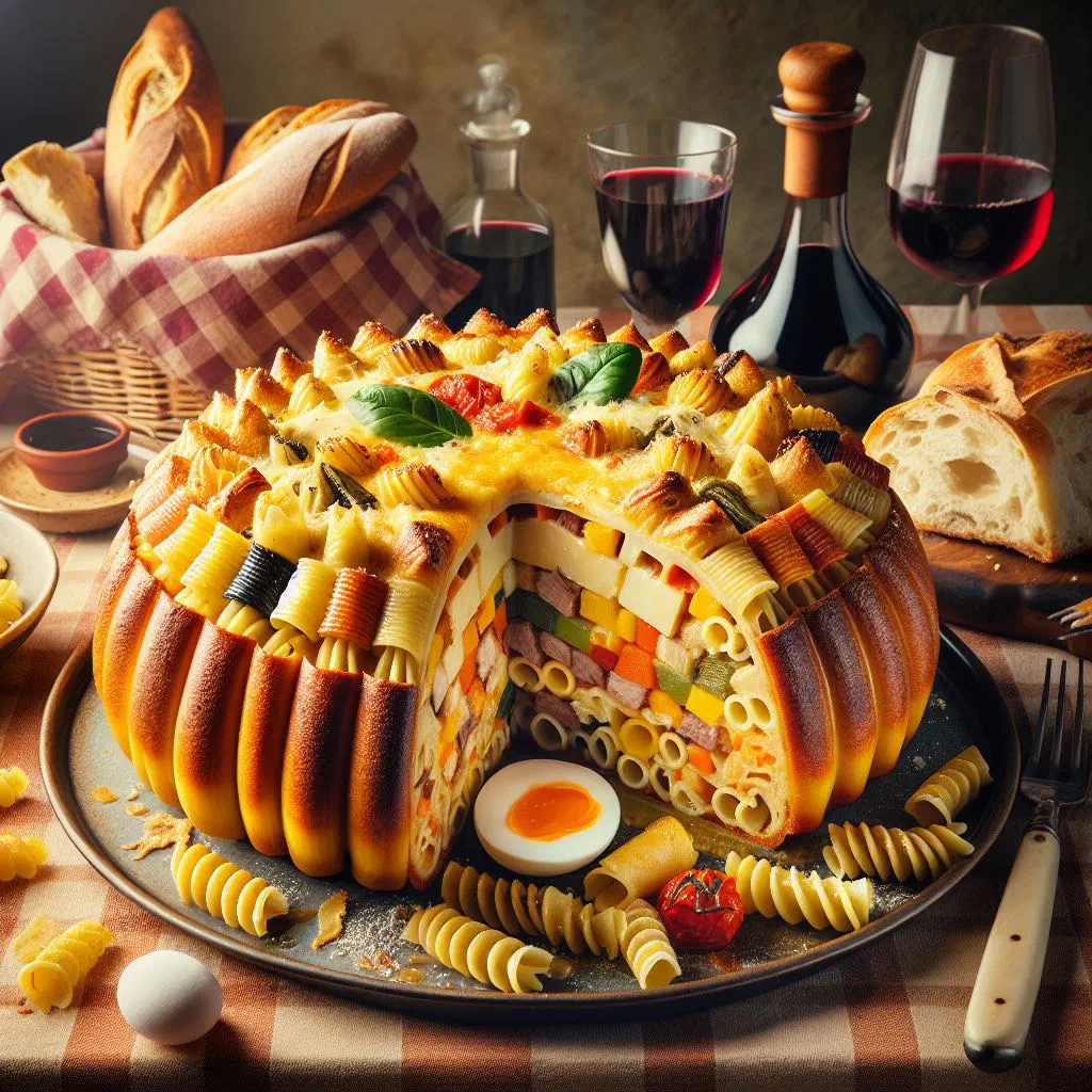 Golden baked macaroni timballo with a crisp crust on a serving plate