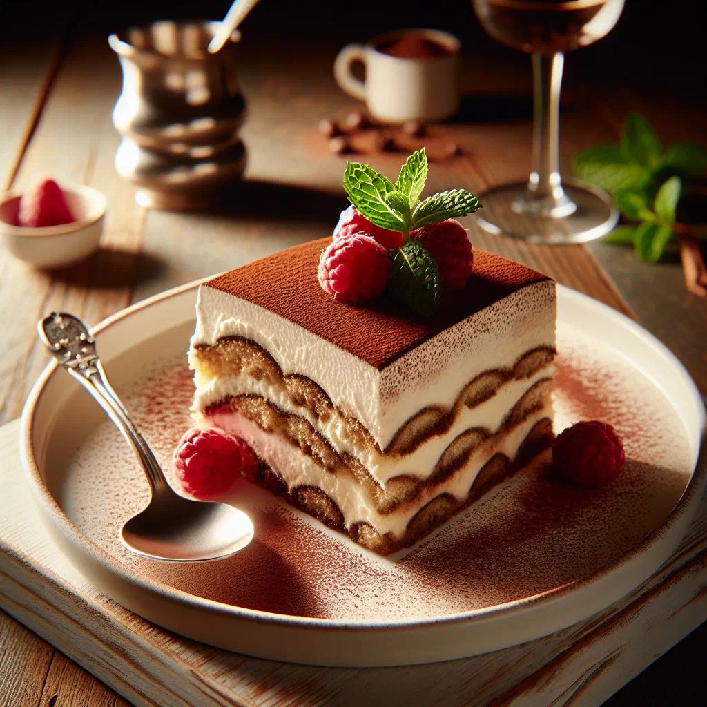 Classic tiramisu dusted with cocoa, with a portion lifted on a spoon