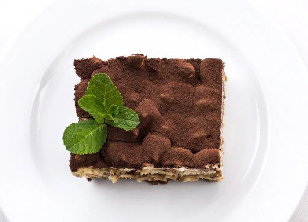 Tiramisu dusted with cocoa, showing layers of mascarpone cream and coffee-soaked sponge fingers