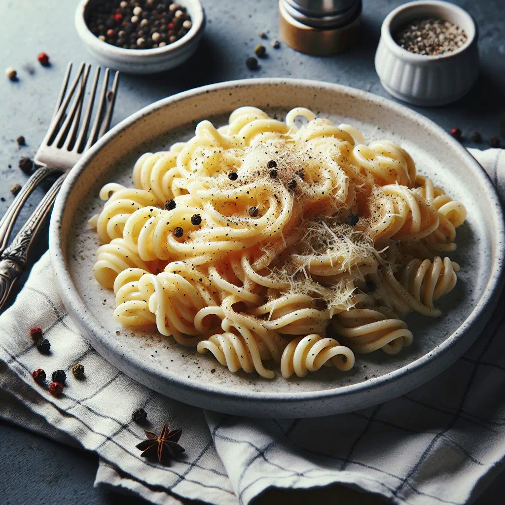 Tonnarelli cacio e pepe coated in creamy pecorino sauce with cracked black pepper