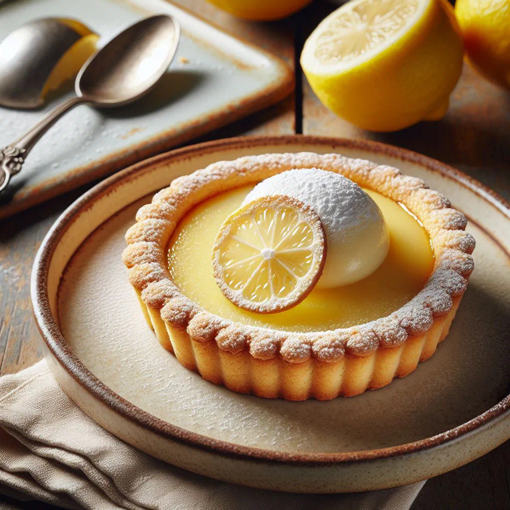 Golden lemon cake dusted with icing sugar and lemon slices