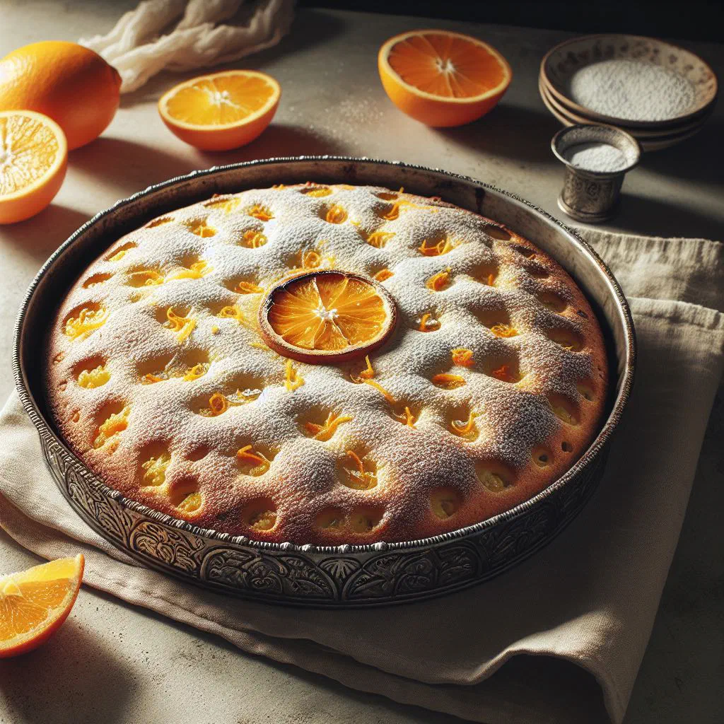Slice of golden baked Italian rice cake dusted with sugar