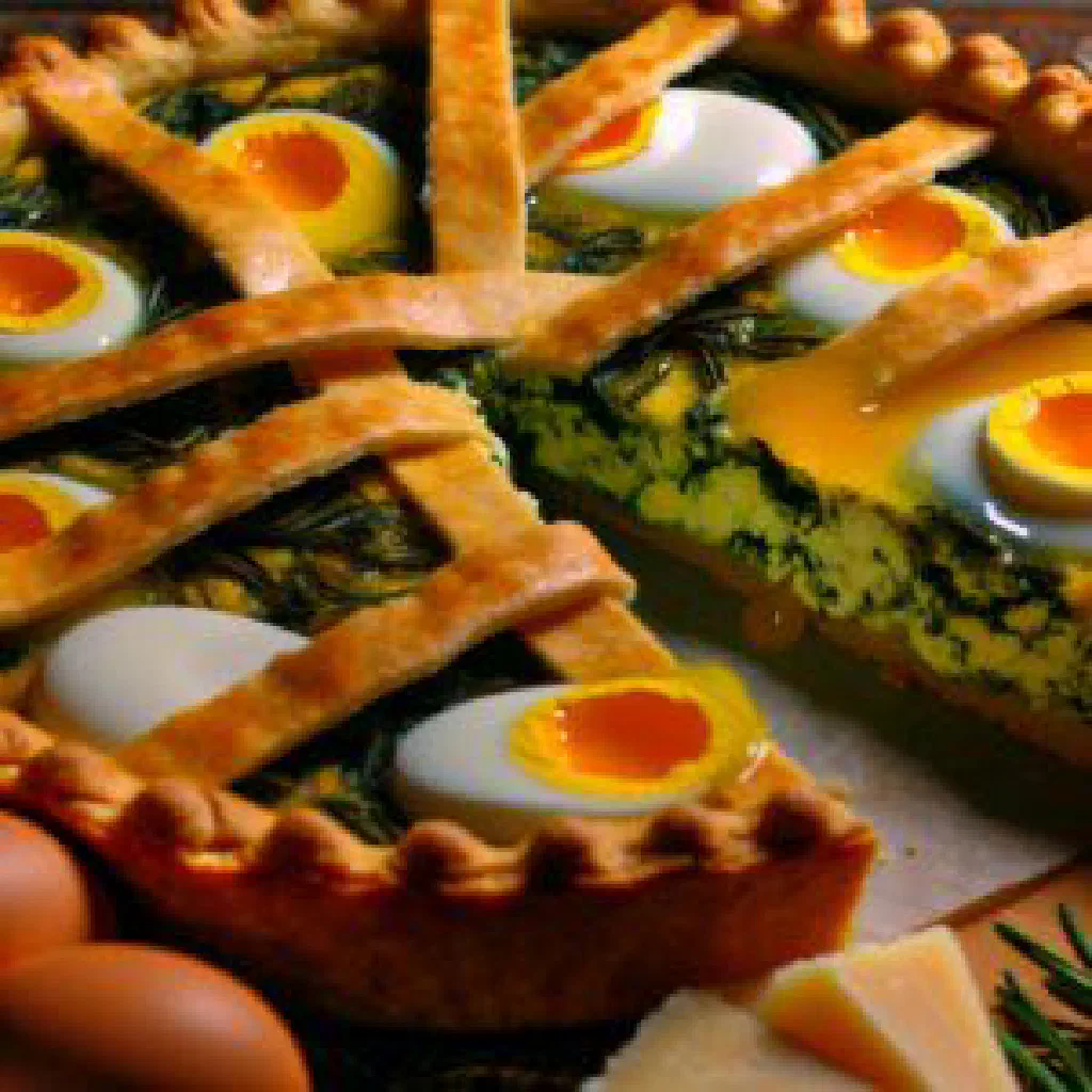 Sliced Torta Pasqualina revealing a spinach, ricotta and whole-egg filling