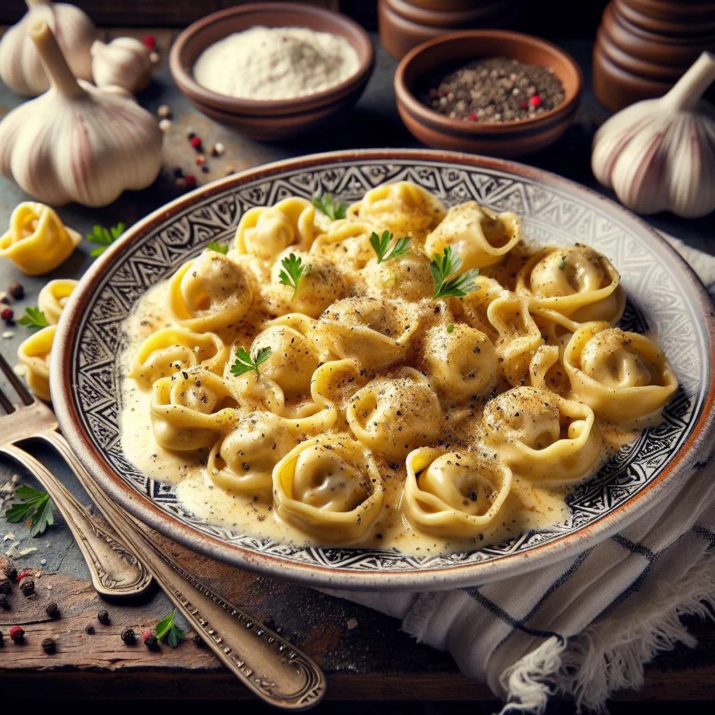 Tortellini in a creamy parmesan sauce garnished with fresh herbs
