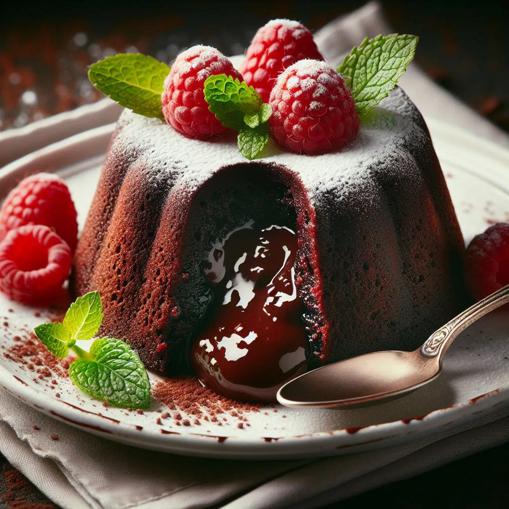 Warm chocolate tortino with a molten centre flowing onto a plate