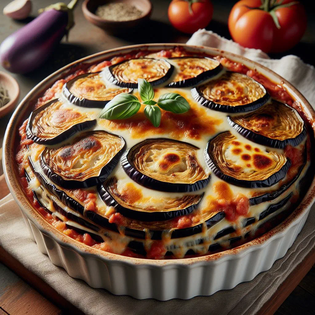 Golden baked aubergine tortino garnished with fresh basil