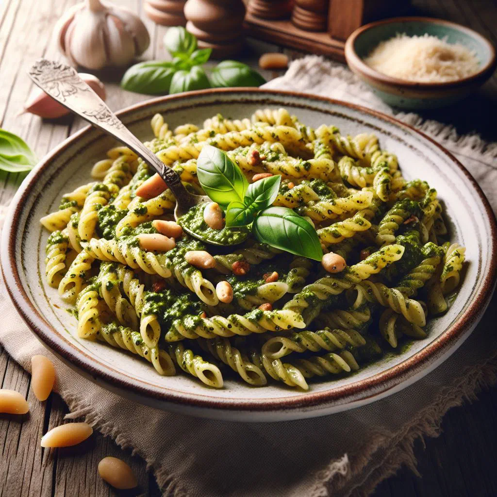 Trofie pasta coated in fresh green basil pesto, garnished with pine nuts