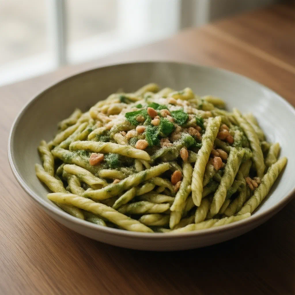 Trofie pasta coated in fresh green basil pesto, garnished with pine nuts
