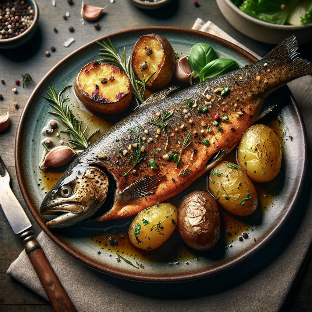 Whole baked trout with lemon slices, fresh herbs and roasted vegetables