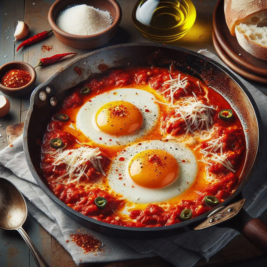 Eggs poached in a rich tomato sauce topped with fresh basil