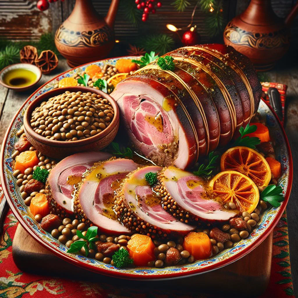 Sliced zampone served over a bed of stewed green lentils