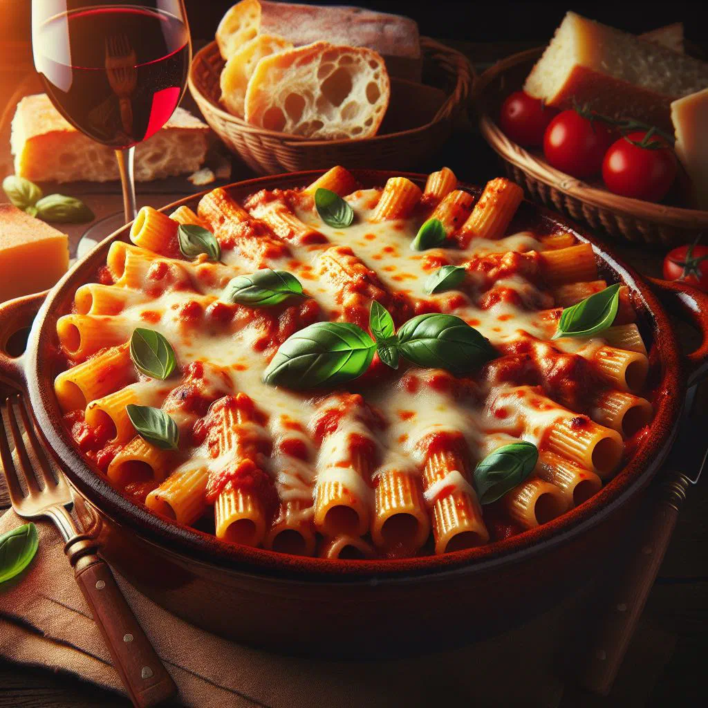 Baked ziti al forno topped with golden melted mozzarella and basil