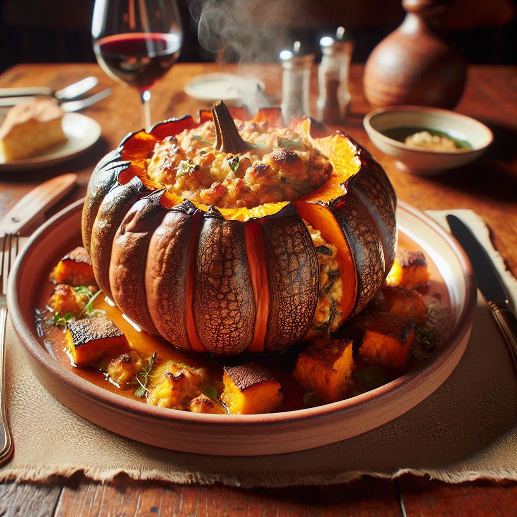 Roasted stuffed squash filled with rice, herbs and cheese on a serving plate