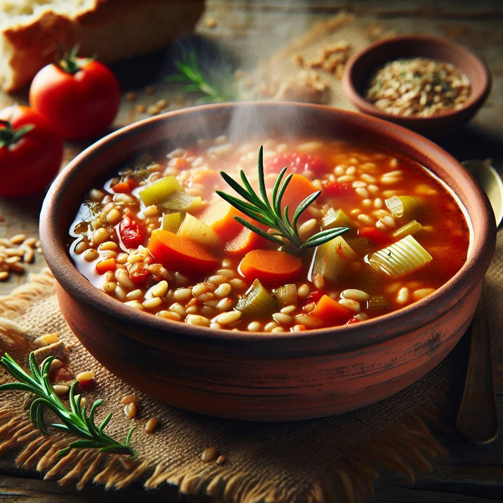 A rustic bowl of zuppa di farro with vegetables and fresh herbs