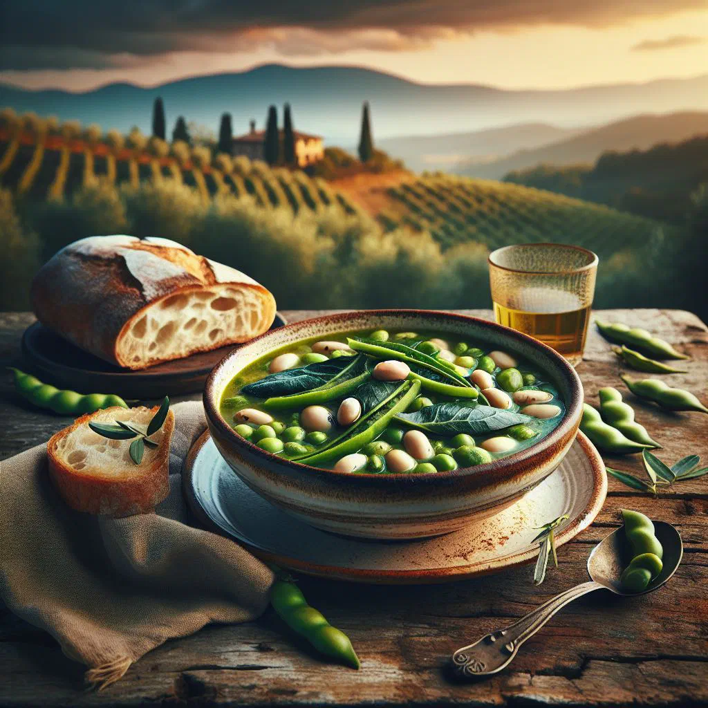 Bowl of fava bean and chicory soup drizzled with olive oil