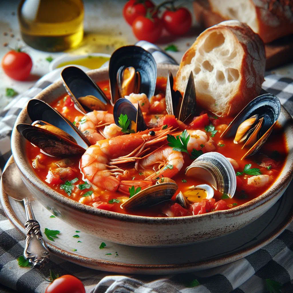 Tuscan fish soup with prawns and white fish in a rich tomato broth