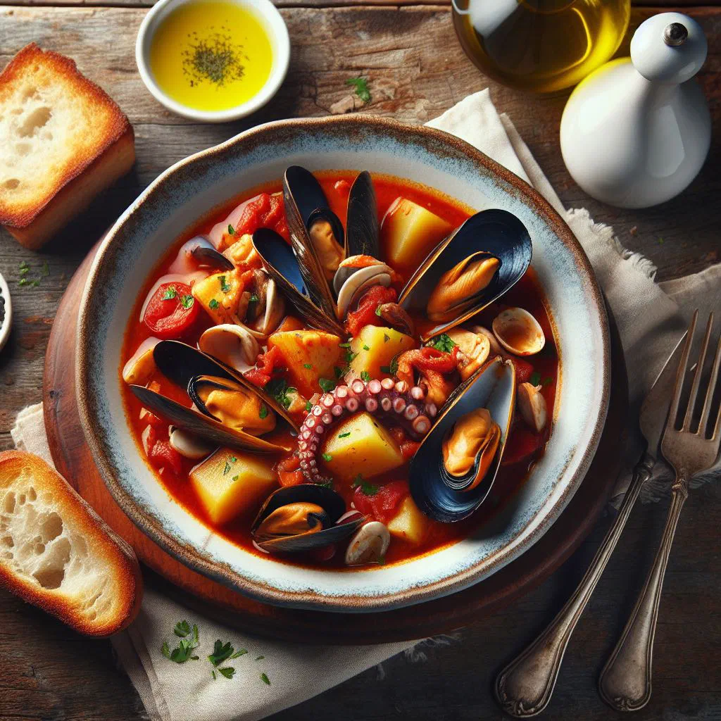 Bowl of Italian fish soup with mixed seafood in a rich tomato broth