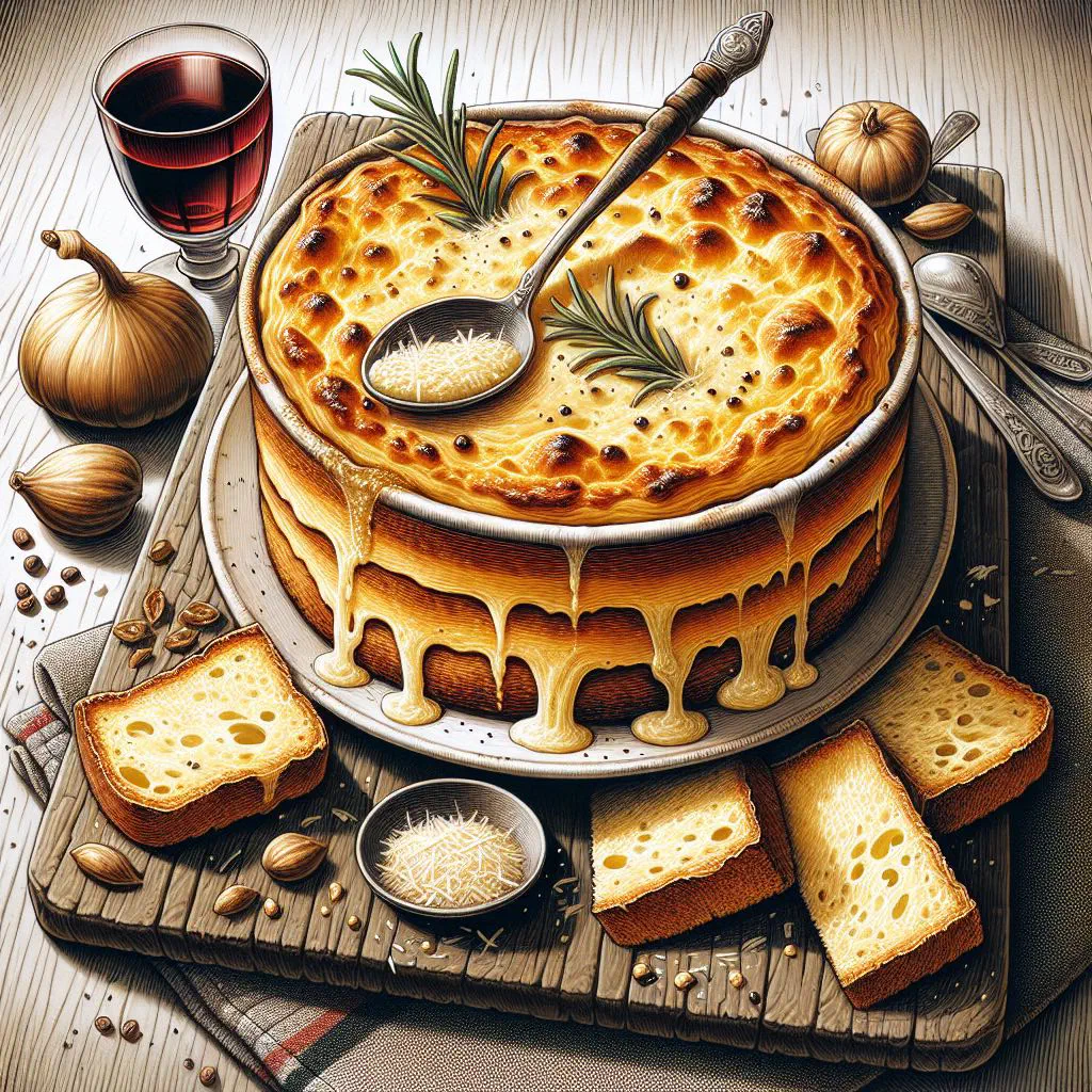 Baked Zuppa Gallurese with layers of bread and golden melted pecorino