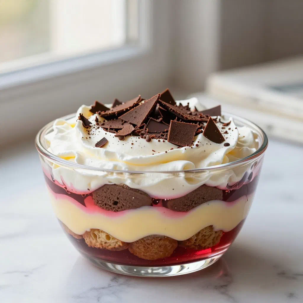 Layered zuppa inglese in a glass with vanilla and chocolate custard