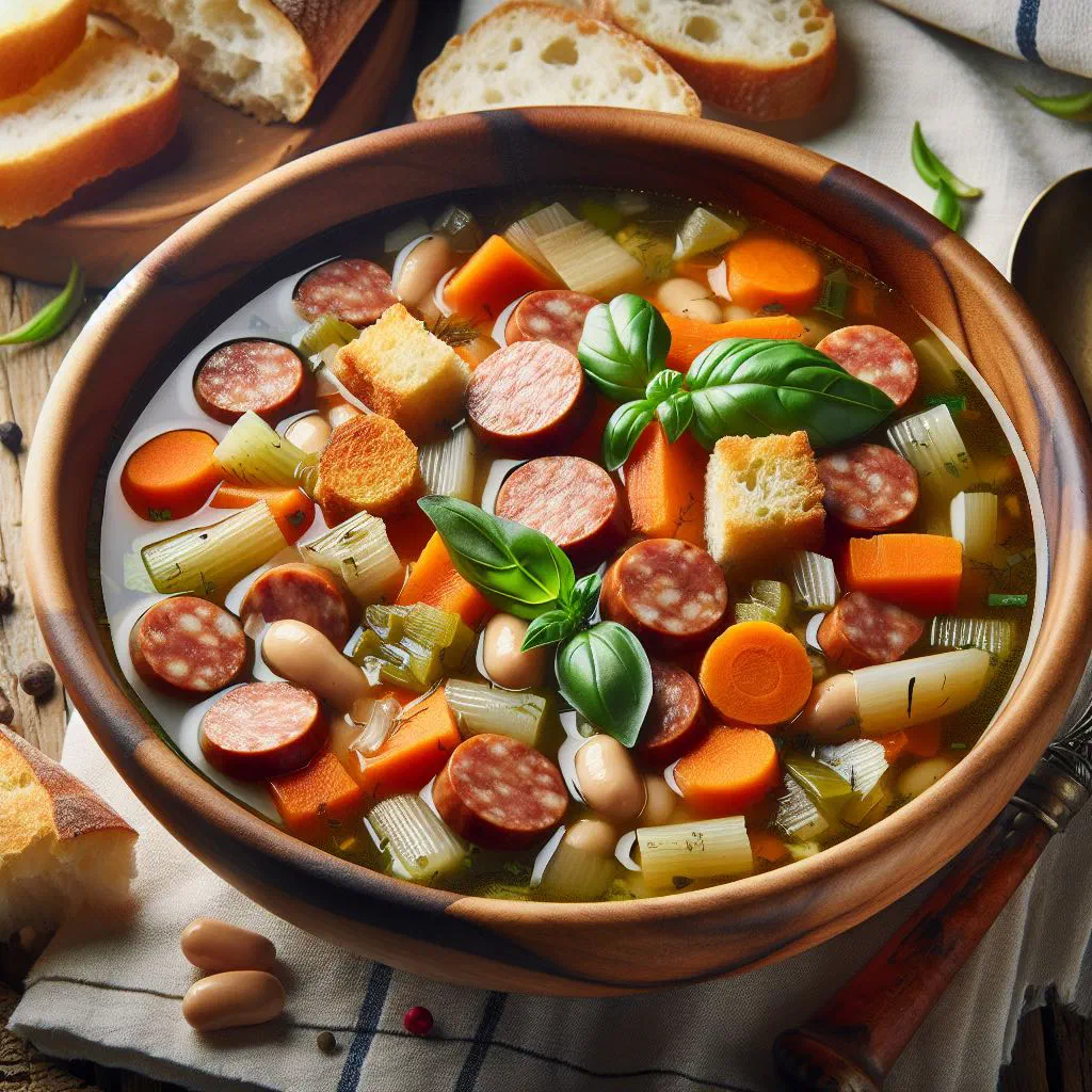 Bowl of Zuppa Lombarda vegetable soup with fresh herbs and a drizzle of olive oil