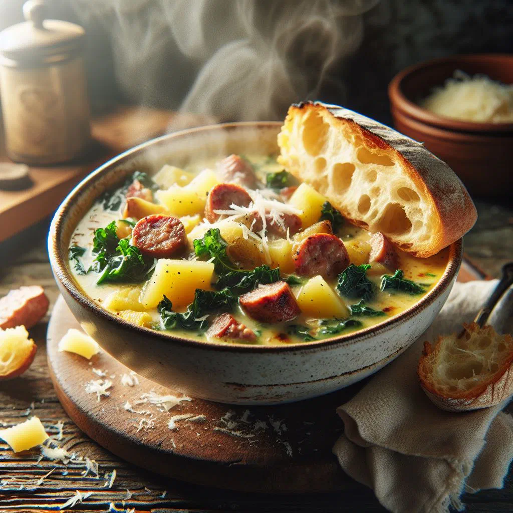 A bowl of creamy Tuscan soup with sausage, potatoes and kale
