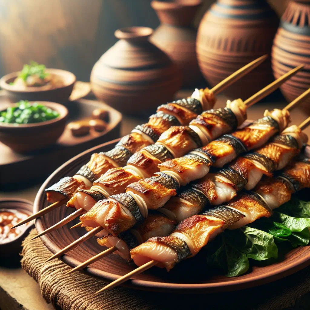 Grilled capitaine fish skewers with lemon wedges and fresh herbs