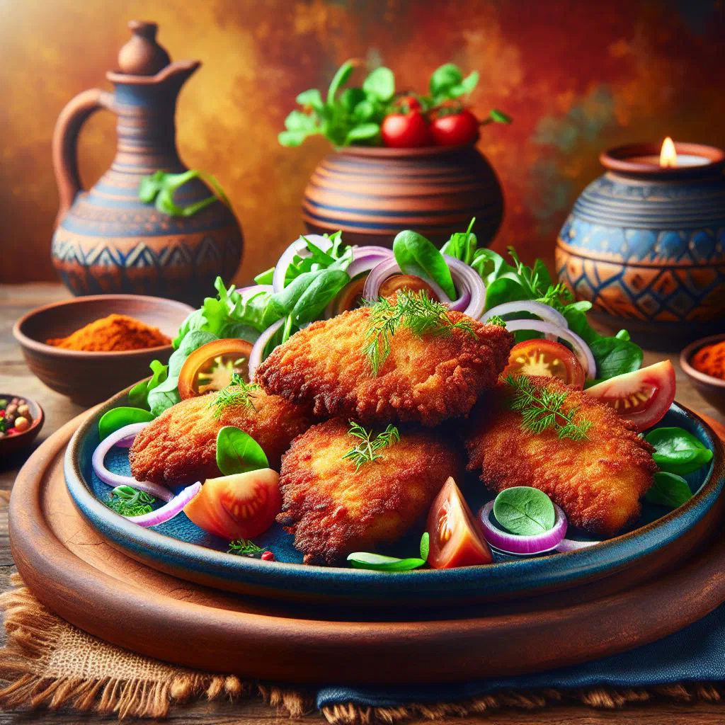 Golden fried fish steaks served with lemon wedges and fresh herbs
