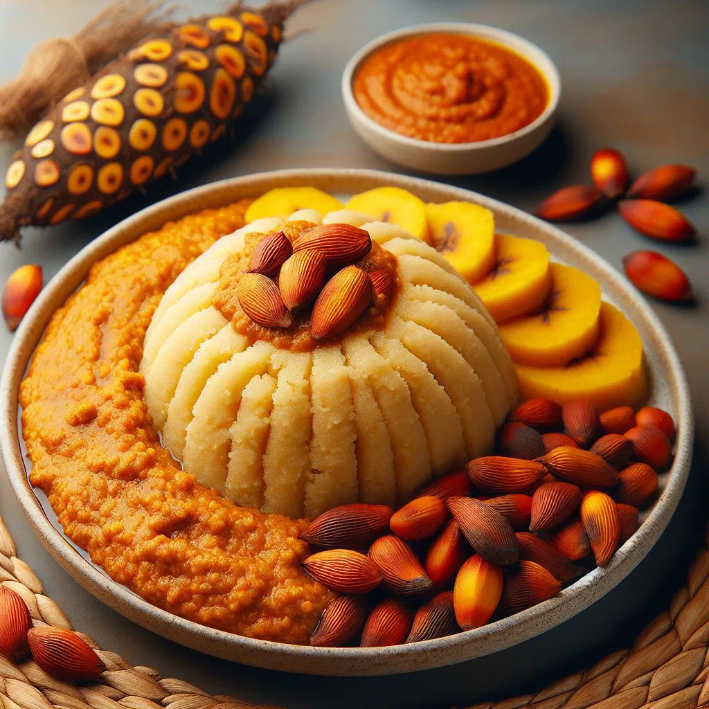 Smooth banana fufu in a bowl with a rich nutty sauce poured over it