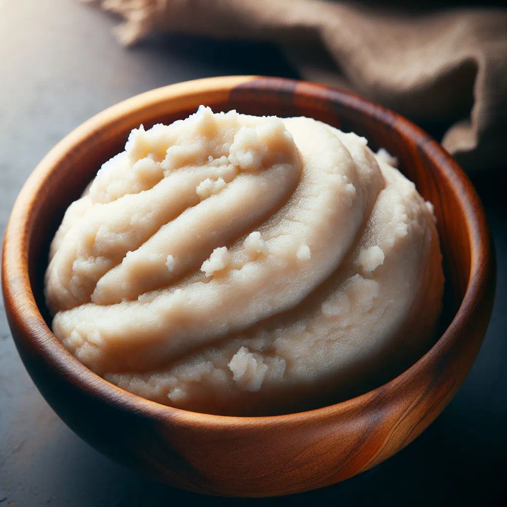 Smooth white fufu shaped into a mound beside a bowl of rich sauce