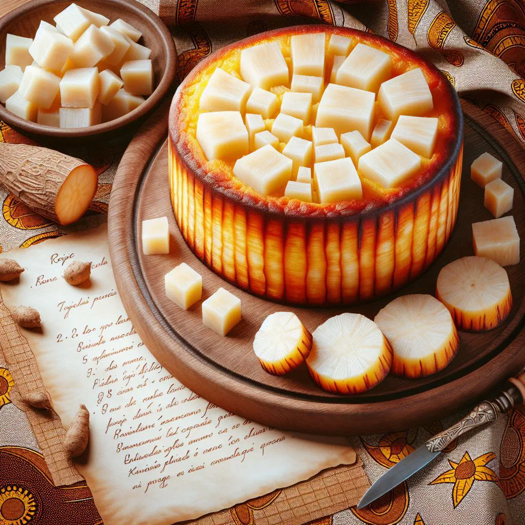 Golden baked cassava cake sliced on a plate