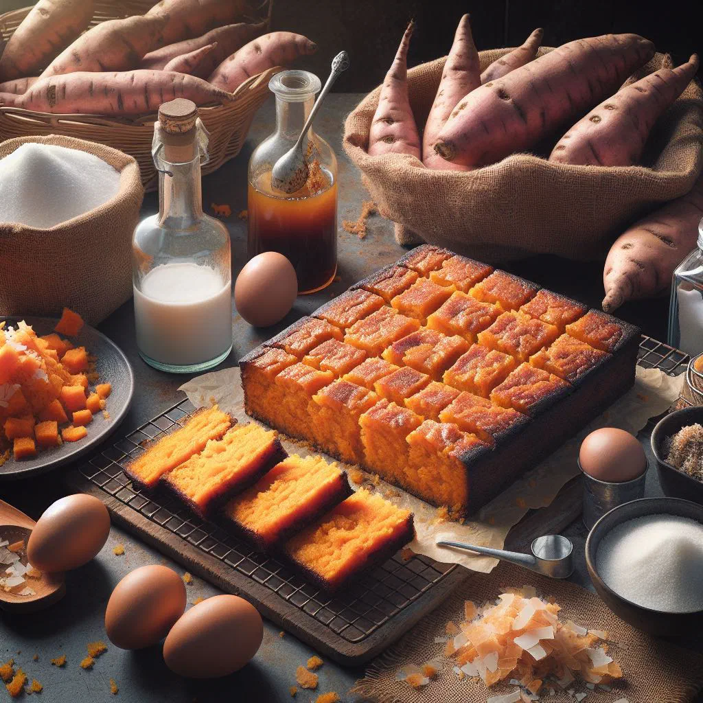 Golden sweet potato cake sliced on a plate and dusted with icing sugar