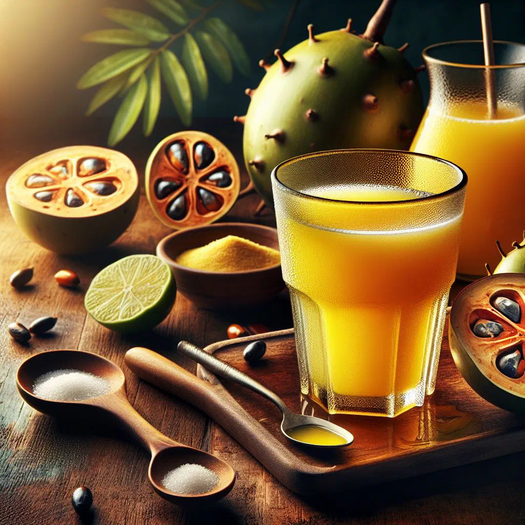 Chilled jus de baobab in a tall glass with ice and fresh fruit