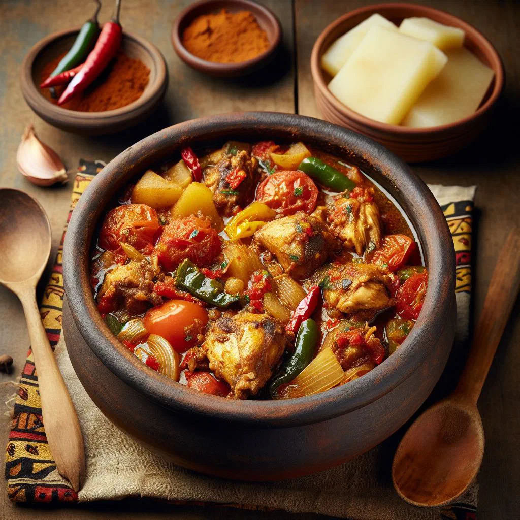 Kedjenou de poulet chicken stew with peppers and tomatoes in a clay pot