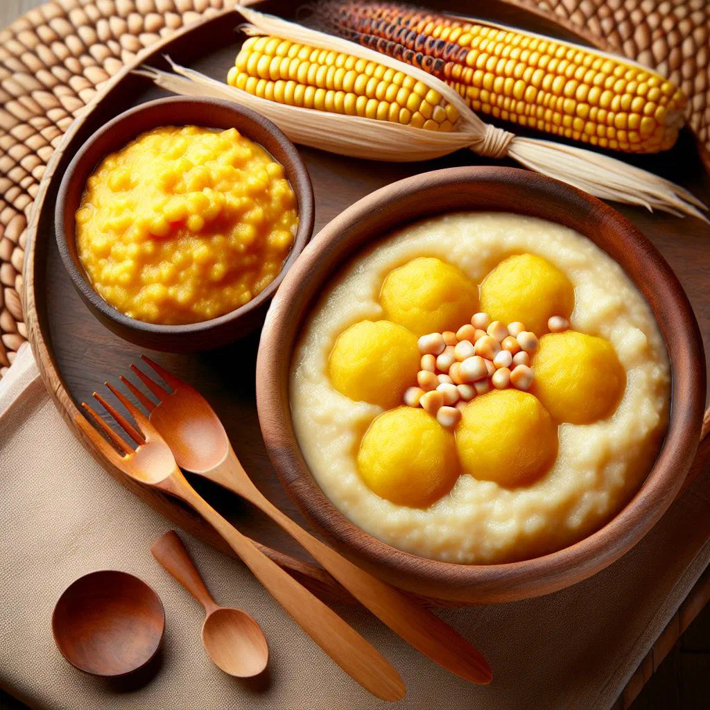 Bowl of creamy maize porridge served with pieces of koko dough