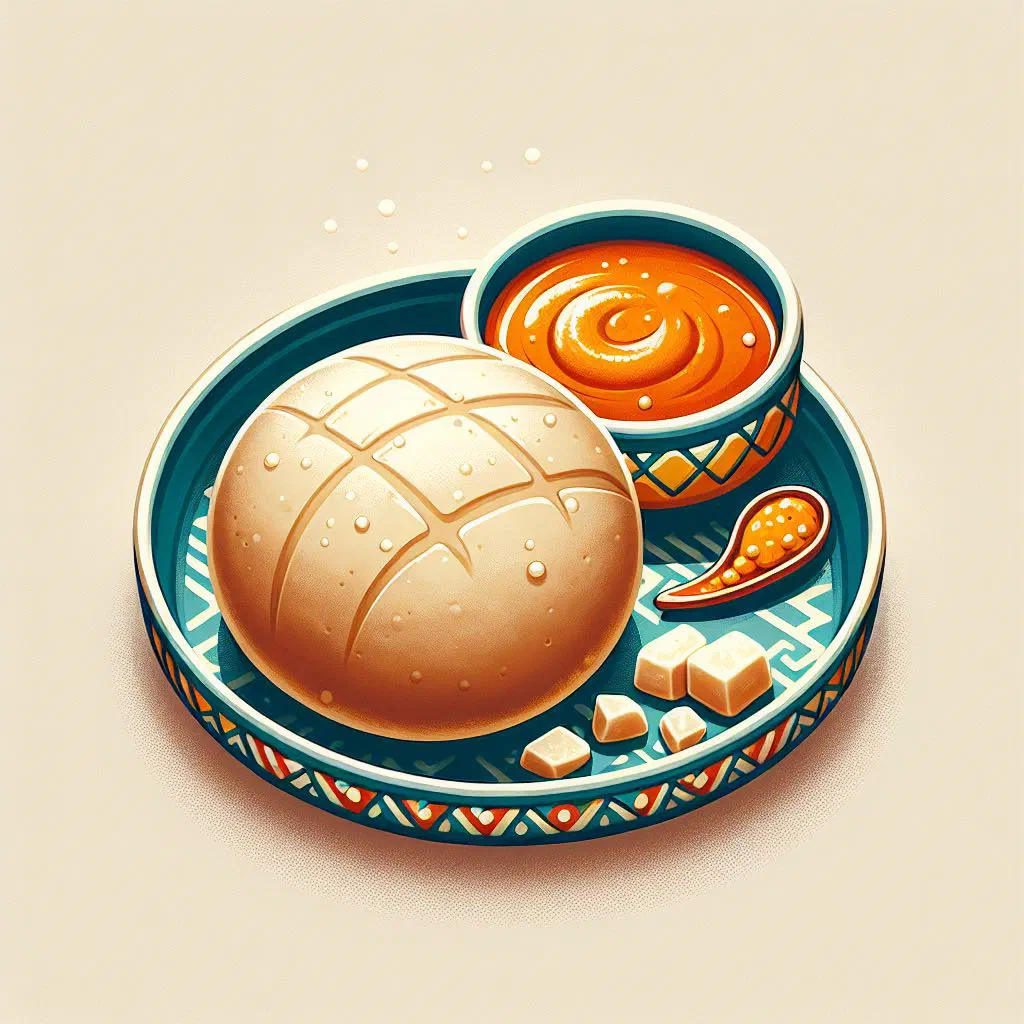 Smooth maize pâte shaped into a mound and served with a savoury sauce