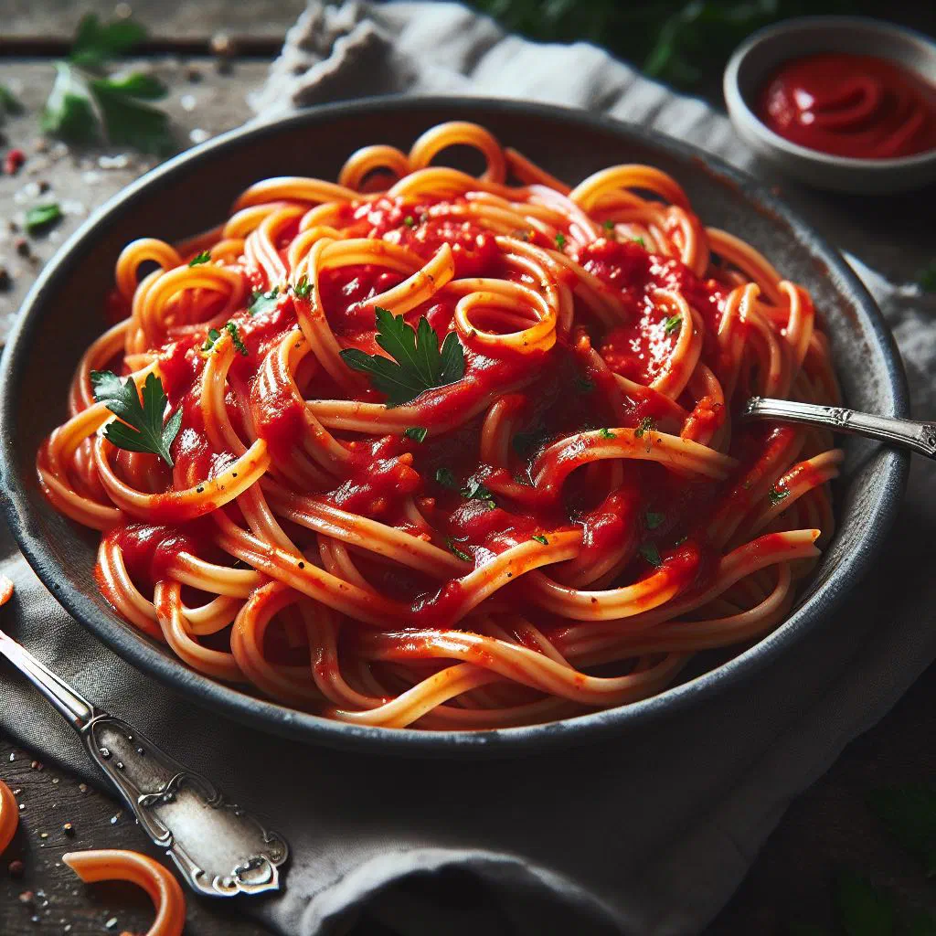 Pâte rouge pasta in a rich red tomato sauce, garnished with fresh herbs