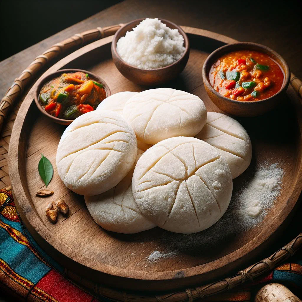 Smooth white placali dough served in a bowl with a rich sauce