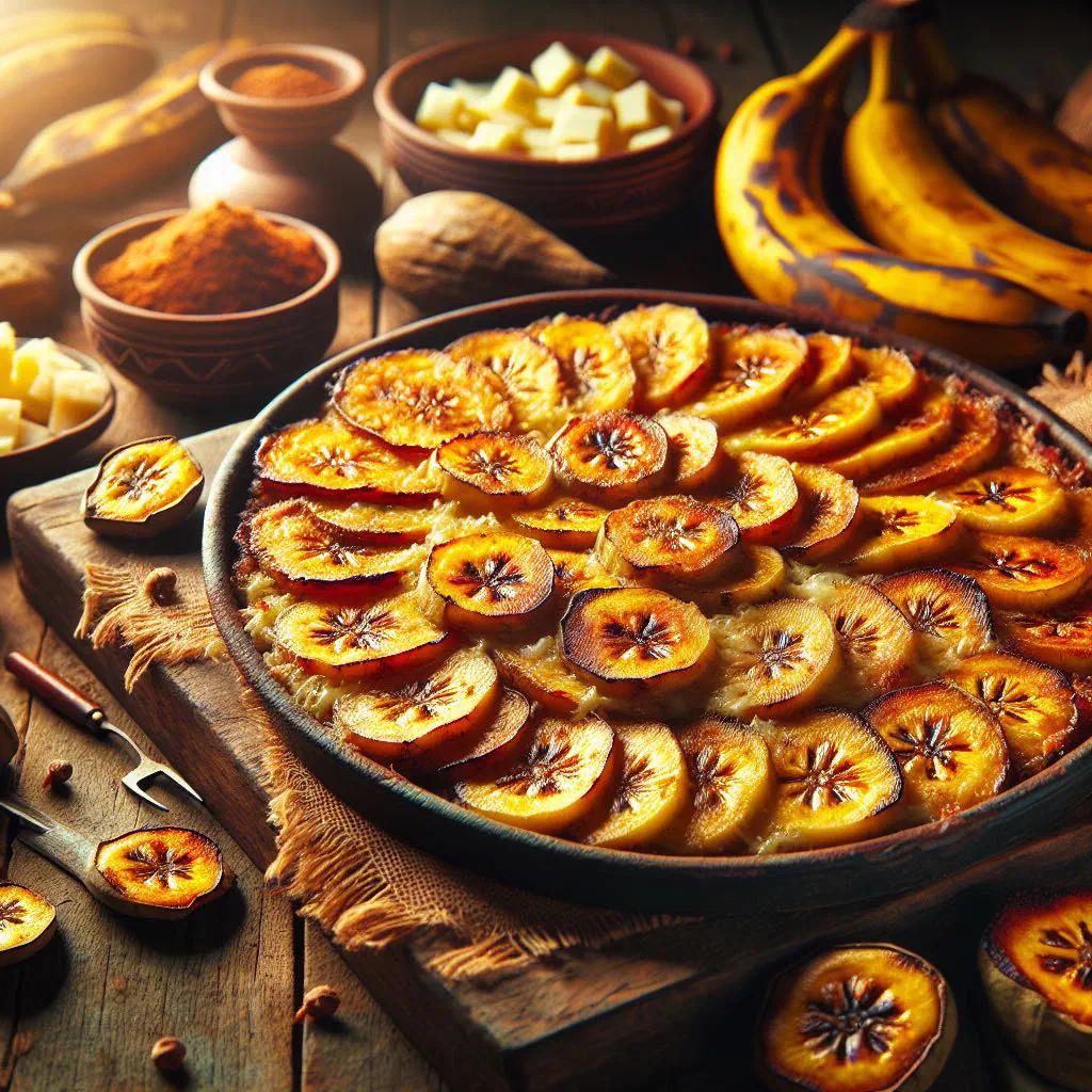 Golden baked plantain gratin with melted cheese in a baking dish
