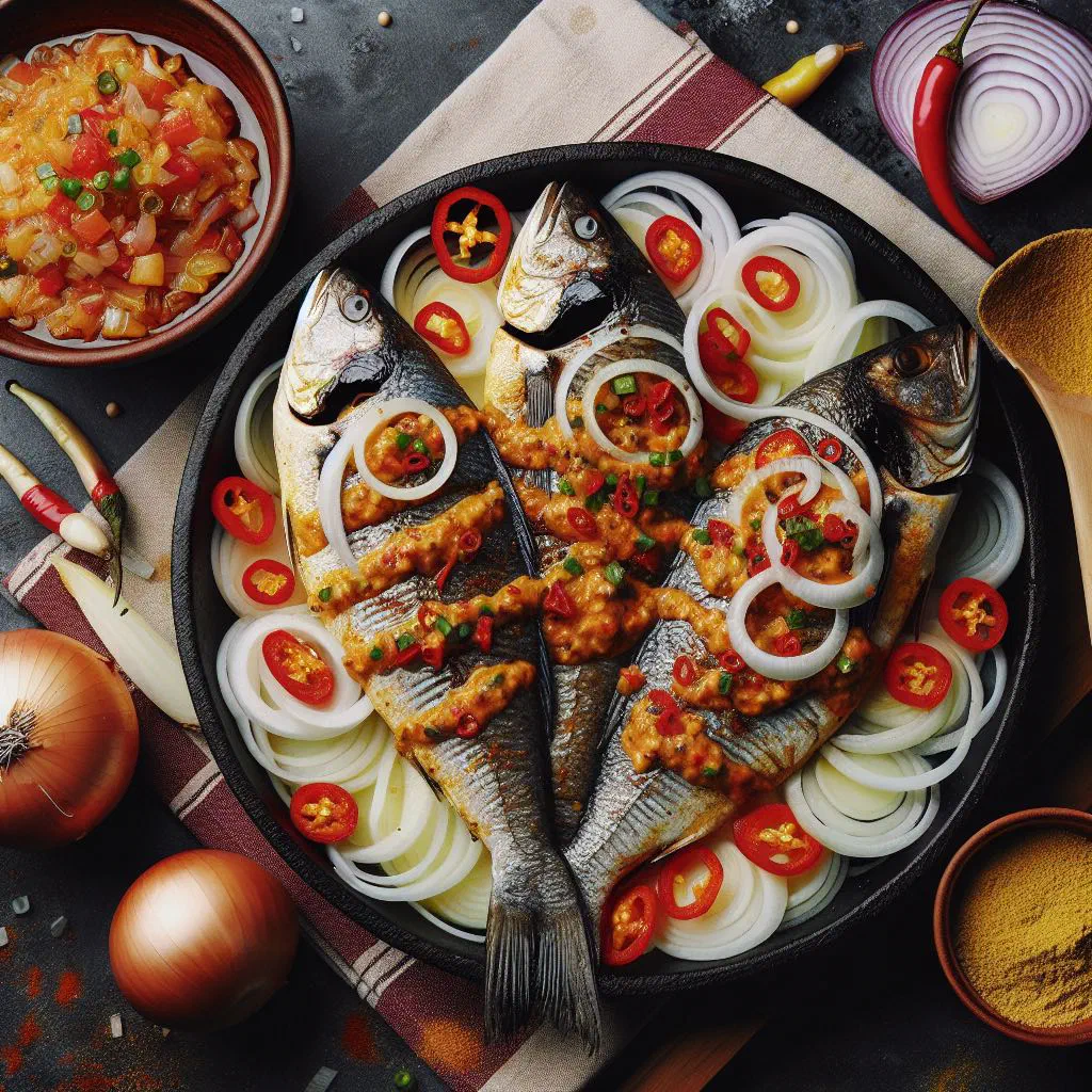 Pan-fried fish fillets in a golden onion and lemon marinade with fresh herbs