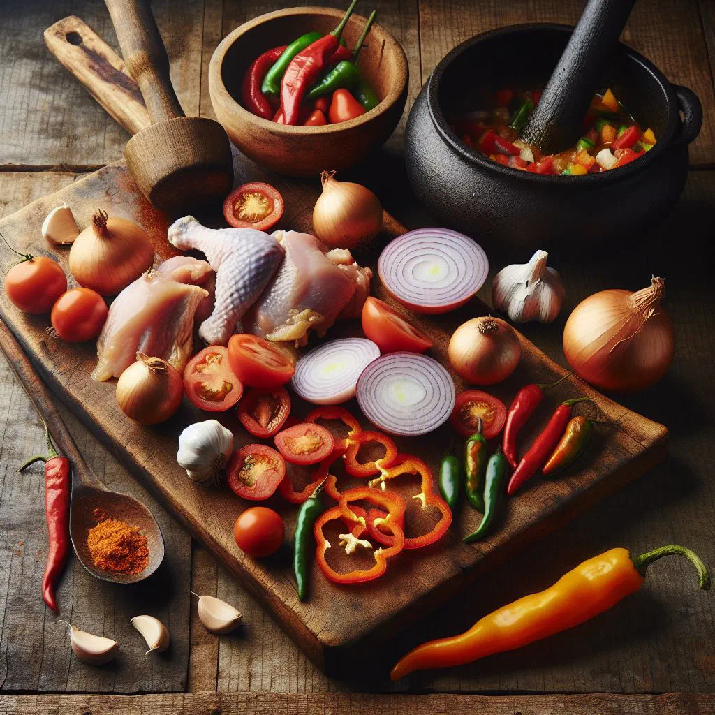 Slow-cooked Ivorian chicken stew with peppers and tomatoes in an earthenware pot