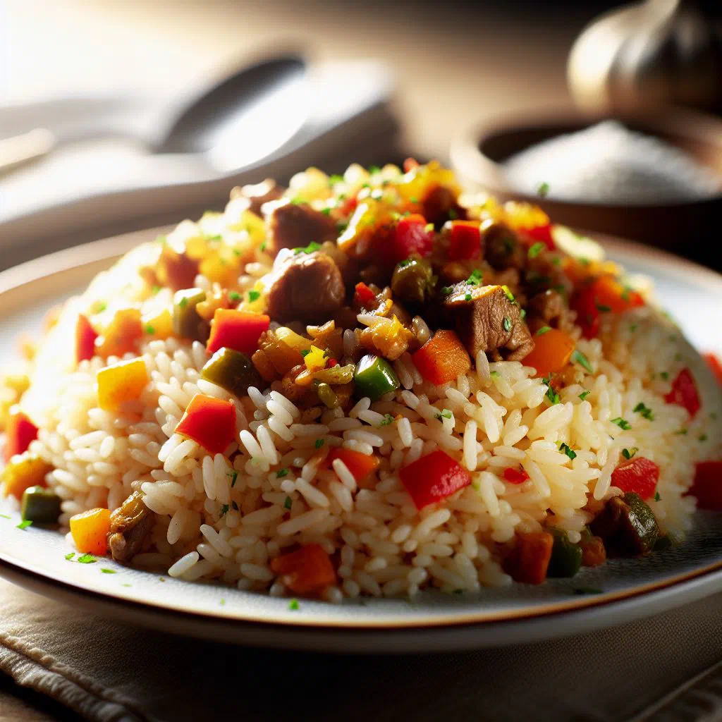 A bowl of riz gras with tomato-red rice, chicken and vegetables