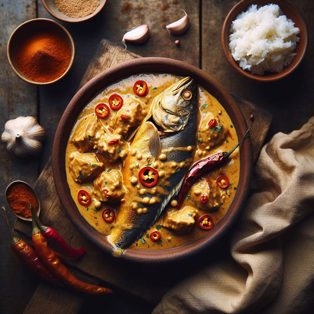Creamy peanut sauce with smoked fish, served with rice