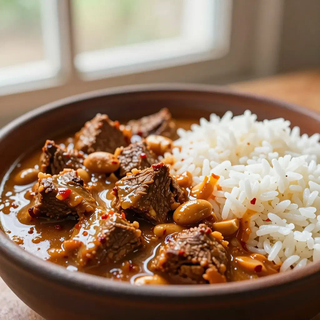 Creamy Ivorian peanut sauce in a bowl served with rice