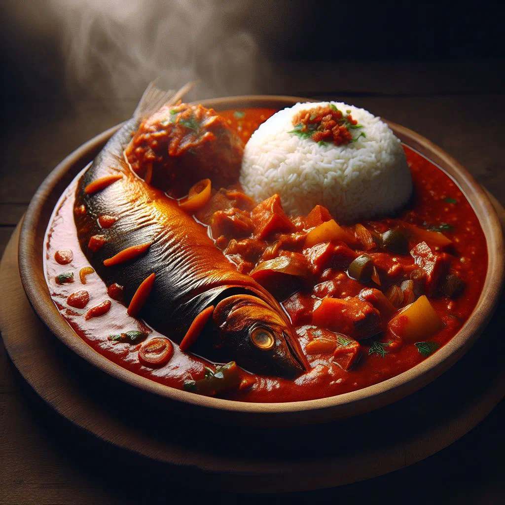 Ivorian sauce kopè with smoked fish, fresh herbs and lime wedges