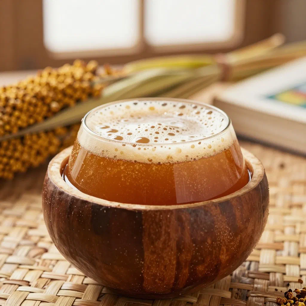 Glass of cloudy golden sorghum beer beside a bowl of sorghum grains
