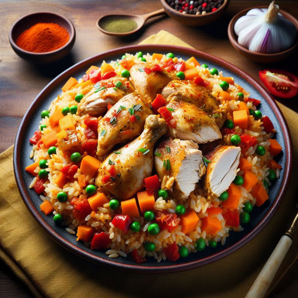 Tchep au poulet with spiced rice, chicken pieces and vegetables in a bowl