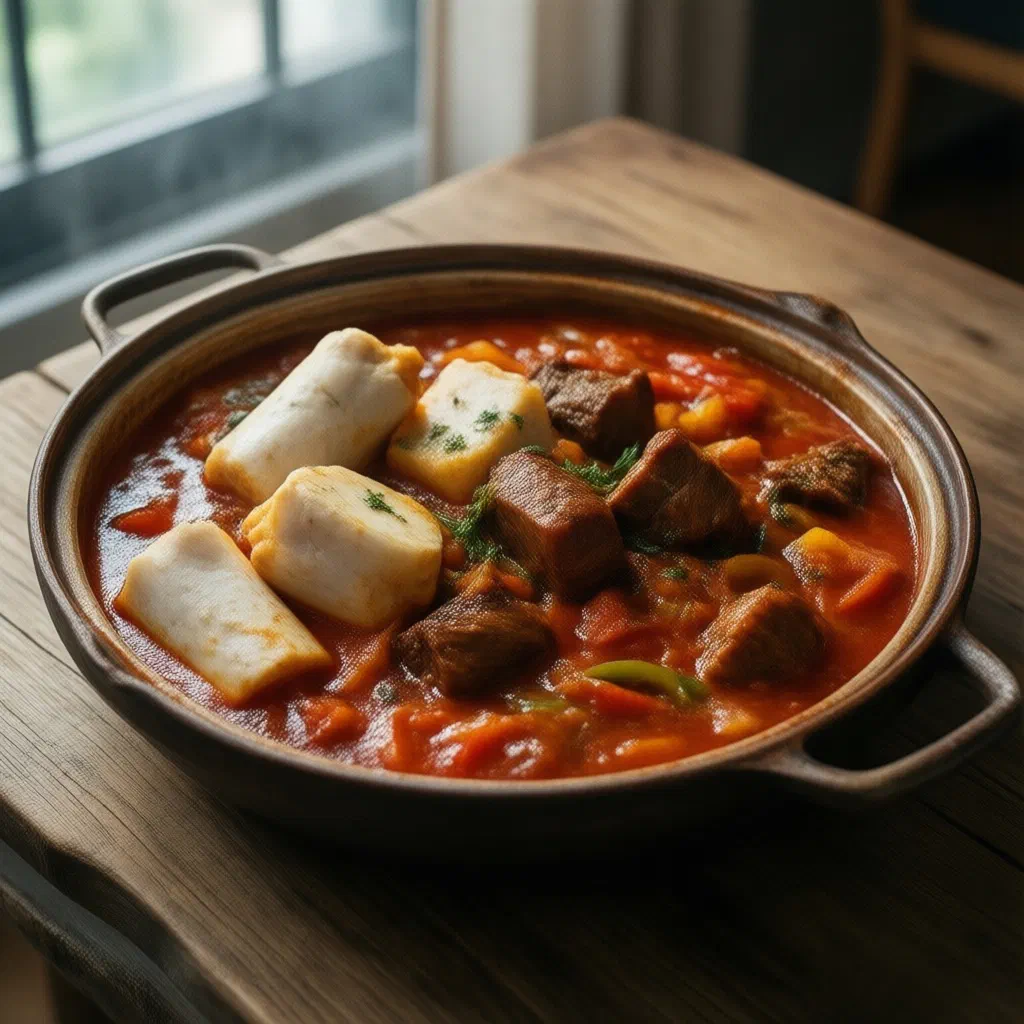 Ivorian yam stew with tender yam chunks, meat and tomato broth in a bowl