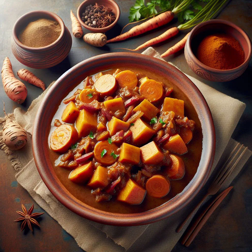 Ivorian yam stew with tender yam chunks, meat and tomato broth in a bowl